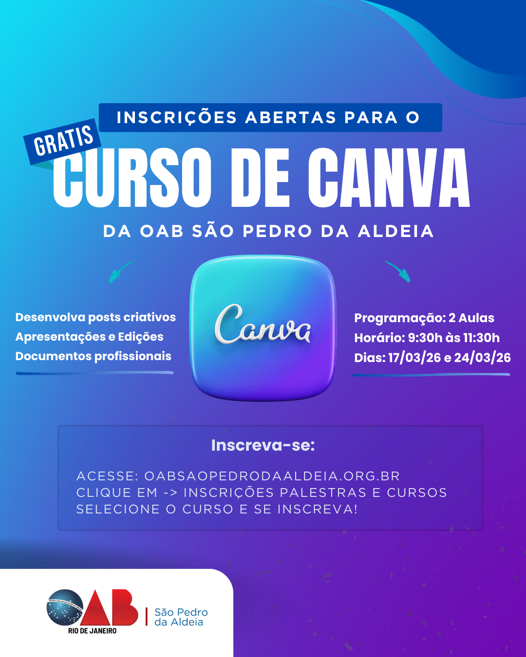 OAB São Pedro da Aldeia abre inscrições para Curso Gratuito de Canva